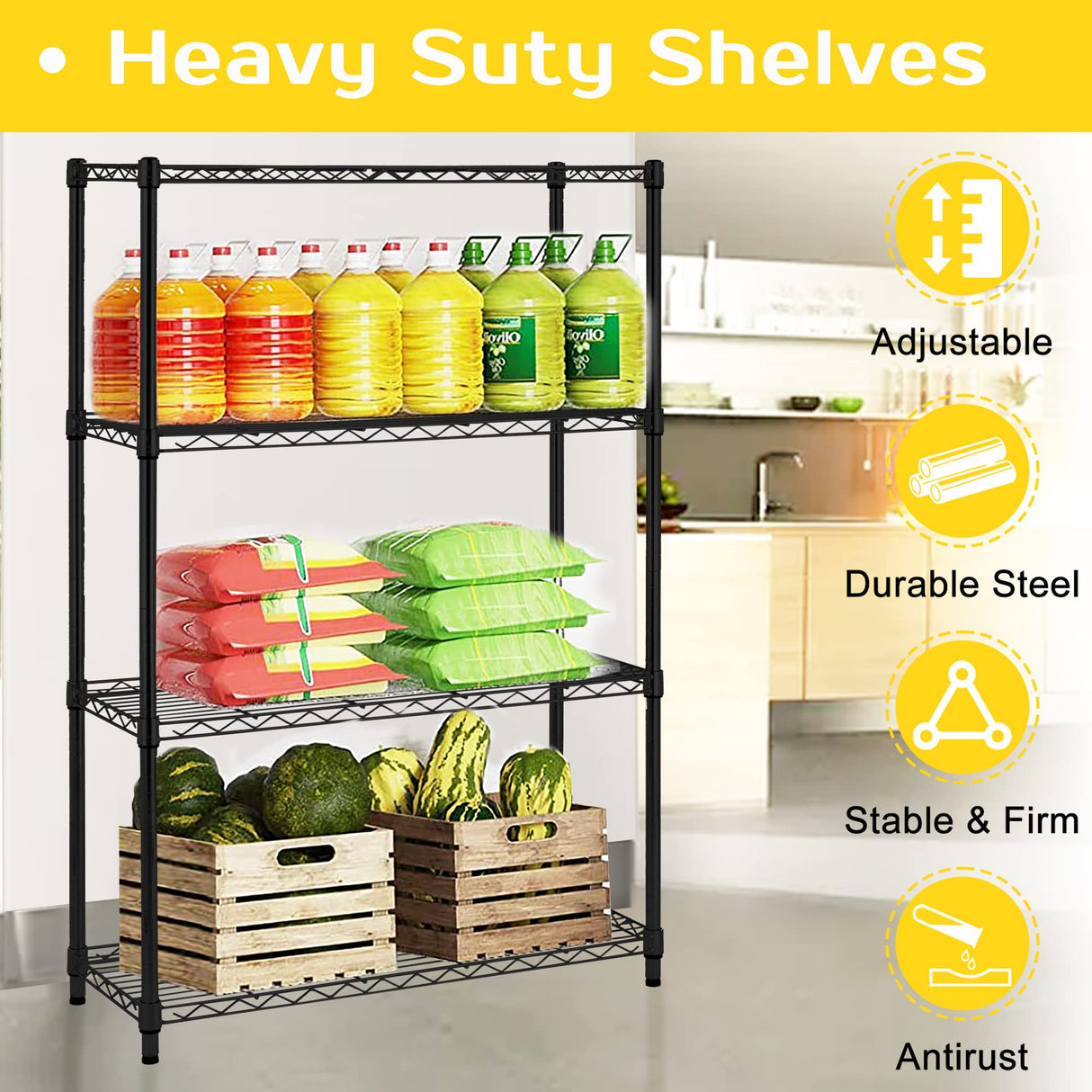 Vnewone 4-Tier Storage Shelves Large Wire Shelving Unit NSF Metal Garage Shelving 54”x36”x14” 1000 LBS Capacity Heavy Duty Height Adjustable Commercial Grade Utility Steel Rack with Wheels,Black Vnewone