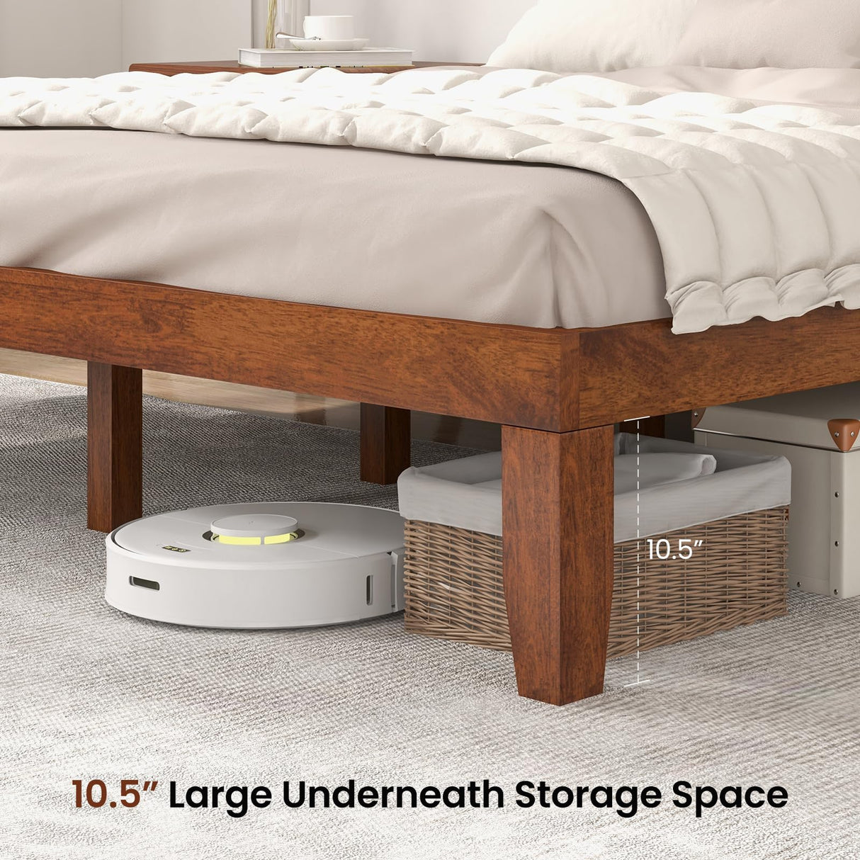 KOMFOTT 14-Inch Brown Cherry Solid Wood Platform Bed Frame with Under-Bed Storage KOMFOTT