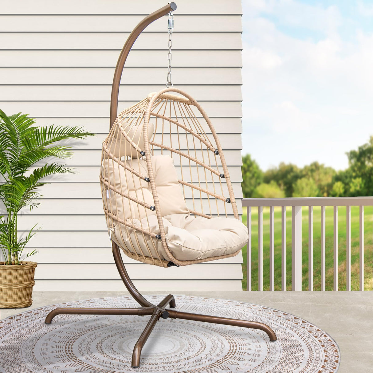 RADIATA Foldable Wicker Rattan Hanging Egg Chair with Stand, Swing Chair with Cushion and Pillow, Lounging Chair for Indoor Outdoor Bedroom Patio Garden (Beige with Stand) RADIATA