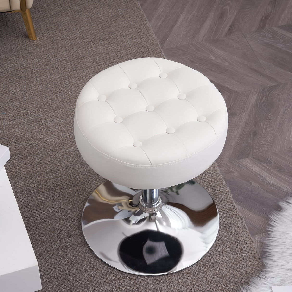 Furniliving Mid-Century Tufted Adjustable Swivel Makeup Ottoman Stool; Modern Big Size Round Vanity Stool Chair for Bedroom Living Room (White) Furniliving