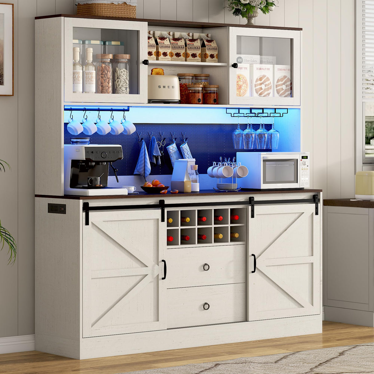 74" Tall 63" Wide Large Coffee Bar Cabinet w/ Outlet,6000-color LED Light,Pegboard,Farmhouse Hutch Cabinet w/Barn Door,2 Big Drawers,Adjustable Shelves,10 Wine & Glasses Rack,5 Hook for Kitchen,White chartustriable