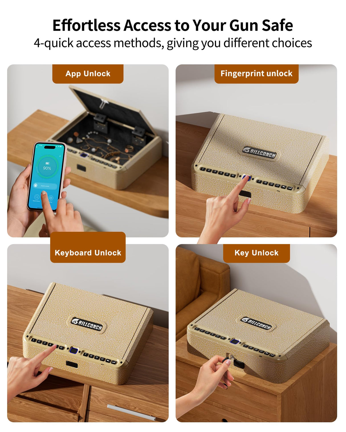 BILLCONCH Gun Safe for Handgun - Biometric Pistol Safe 4 Ways Quick Access with Fingerprint/Full-digital Keypad/Key/APP Lock and Security Cable for Nightstand Bedside Home - Limited Gold BILLCONCH