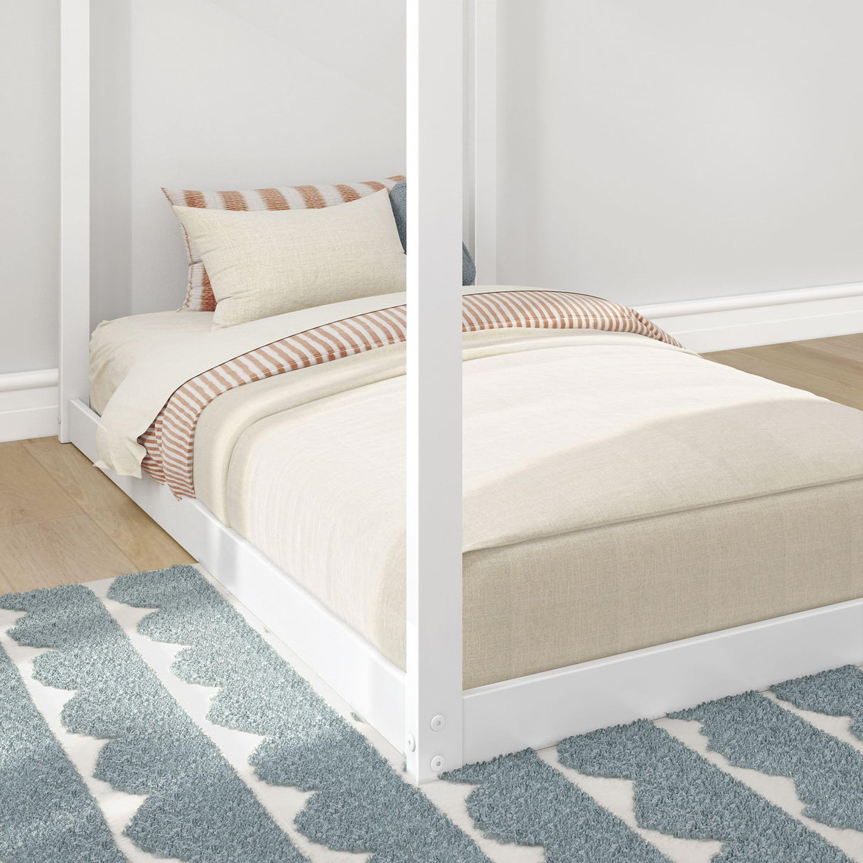 Max & Lily Twin Floor House Bed, Modern Solid Wood Low Bed Frame for Kids, Montessori Floor Bed for Bedroom, Playroom, Wooden Slats, White Max & Lily