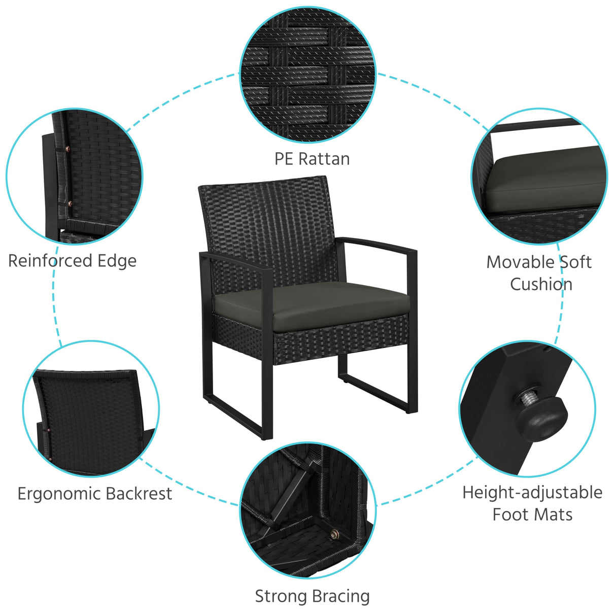 Yaheetech 3 Pieces Rattan Bistro Set, Indoor/Outdoor Wicker Patio Modern Conversation Furniture, 2 Chairs & Tempered Glass Coffee Table for Garden, Balcony, Backyard, Poolside, Black/Gray Yaheetech