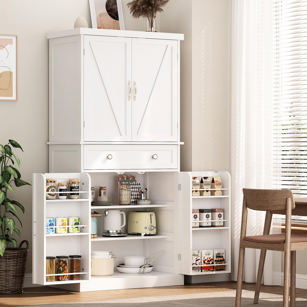 kepptory 72“ Kitchen Pantry Cabinet White, Tall Pantry Storage Cabinet with Adjustable Shelves and Drawer, Kitchen Buffet Cupboards Sideboard for Home Office Use (16" D x 30" W x 72" H) kepptory