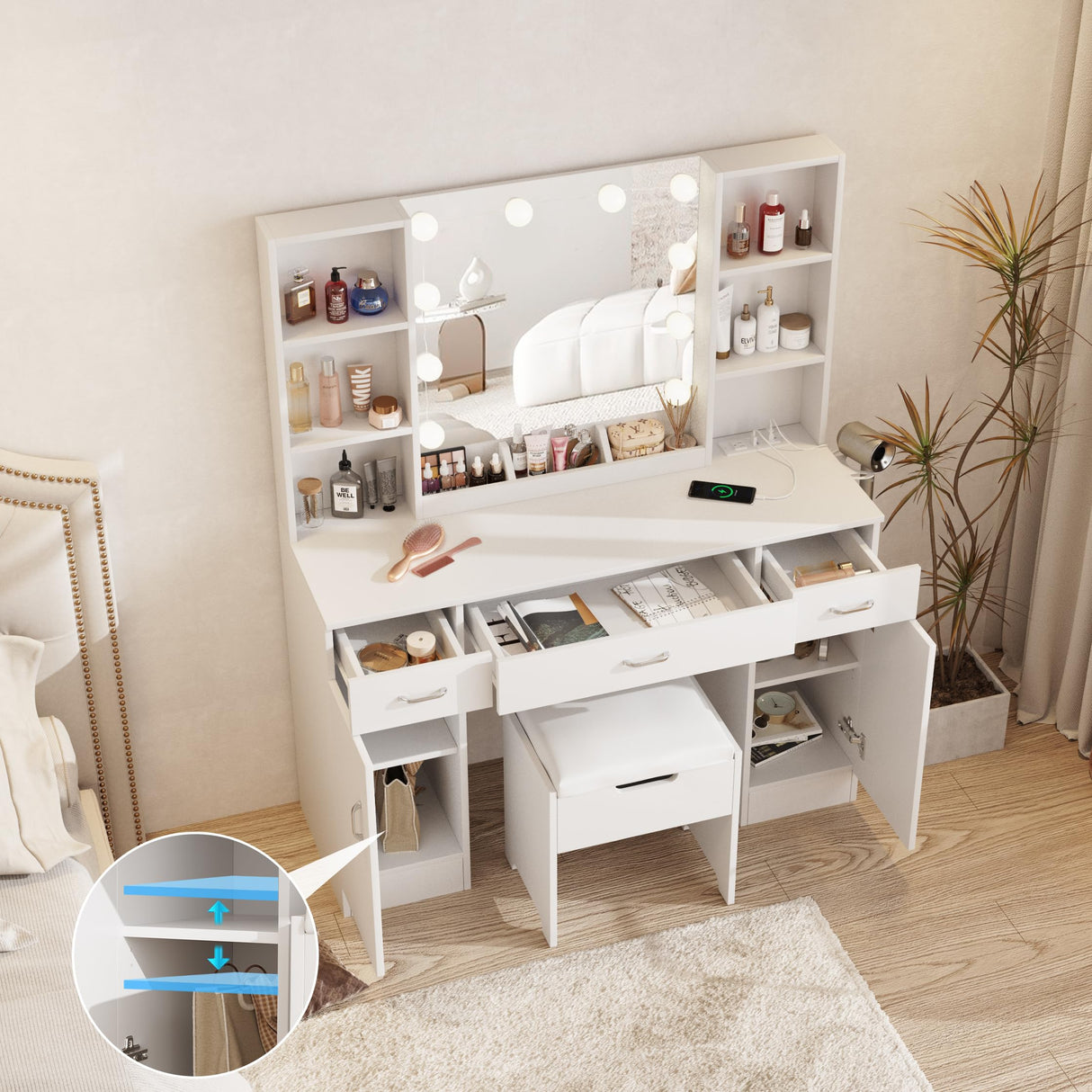 Halitaa Makeup Vanity Table with Lighted Mirror & Outlets, Large Vanity Set Vanity Desk with Lots Storage, 3 Lighting Modes, Brightness Adjustable, 45inch Halitaa