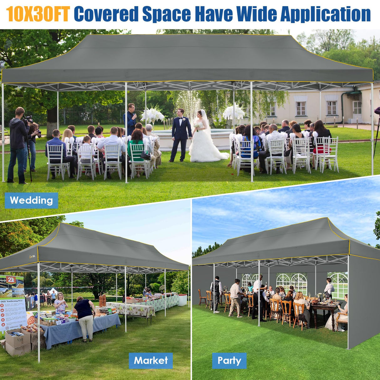 HOTEEL 10x30 Pop up Canopy Tent for Parties, Heavy Duty Easy Setup Tent with 5 Sidewalls, Outdoor Commercial Instant Gazebo for Wedding Event, with Roller Bag & Sand Bags, Grey(Hexagonal Frame) Hoteel