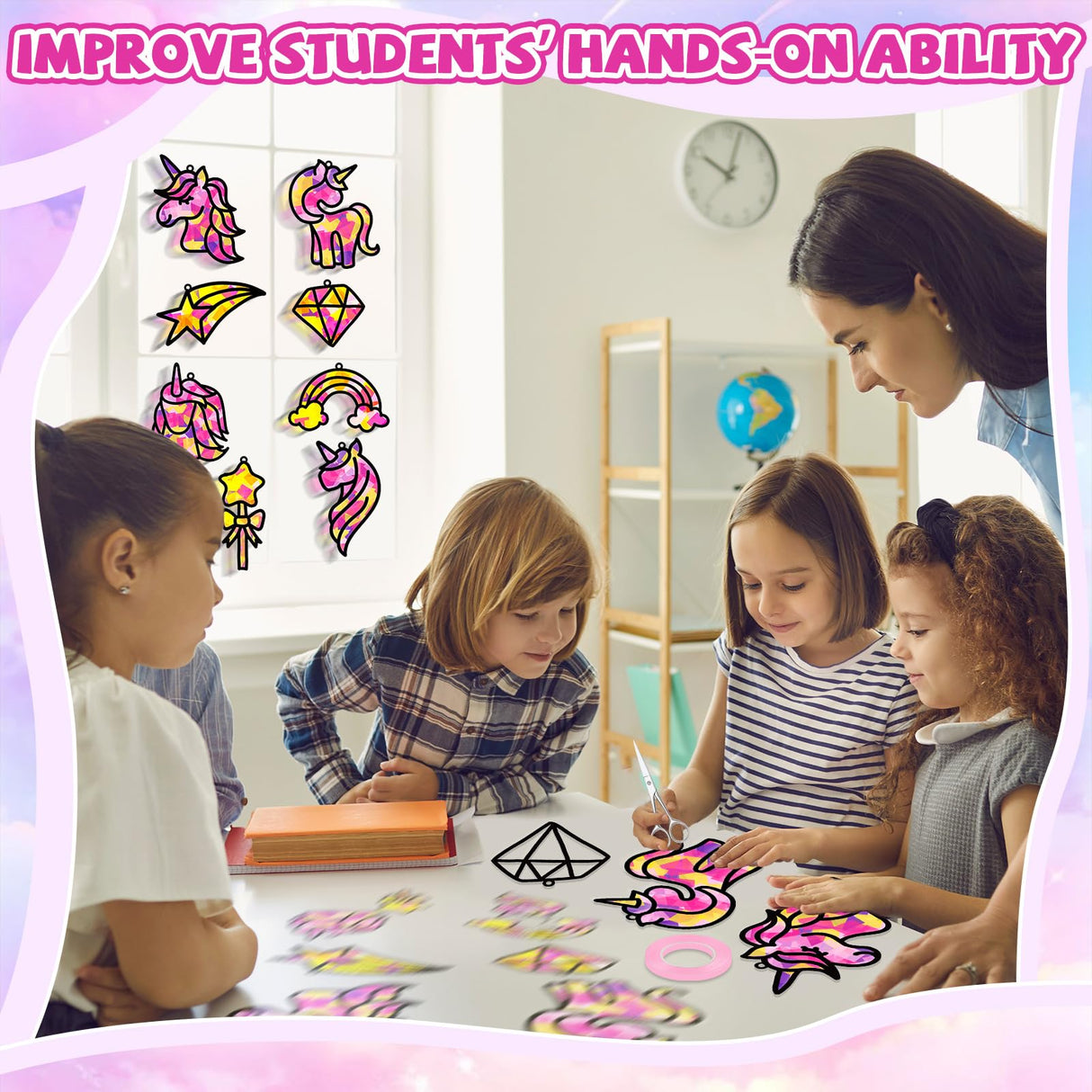 QOUBAI 32 Sets Unicorn Rainbow Suncatchers Craft Kit DIY Window Stained Glass Effect Diamond Star bow Paper Crafts Home School Classroom Decoration Kid Birthday Gift Creative Art Project Activity Game QOUBAI