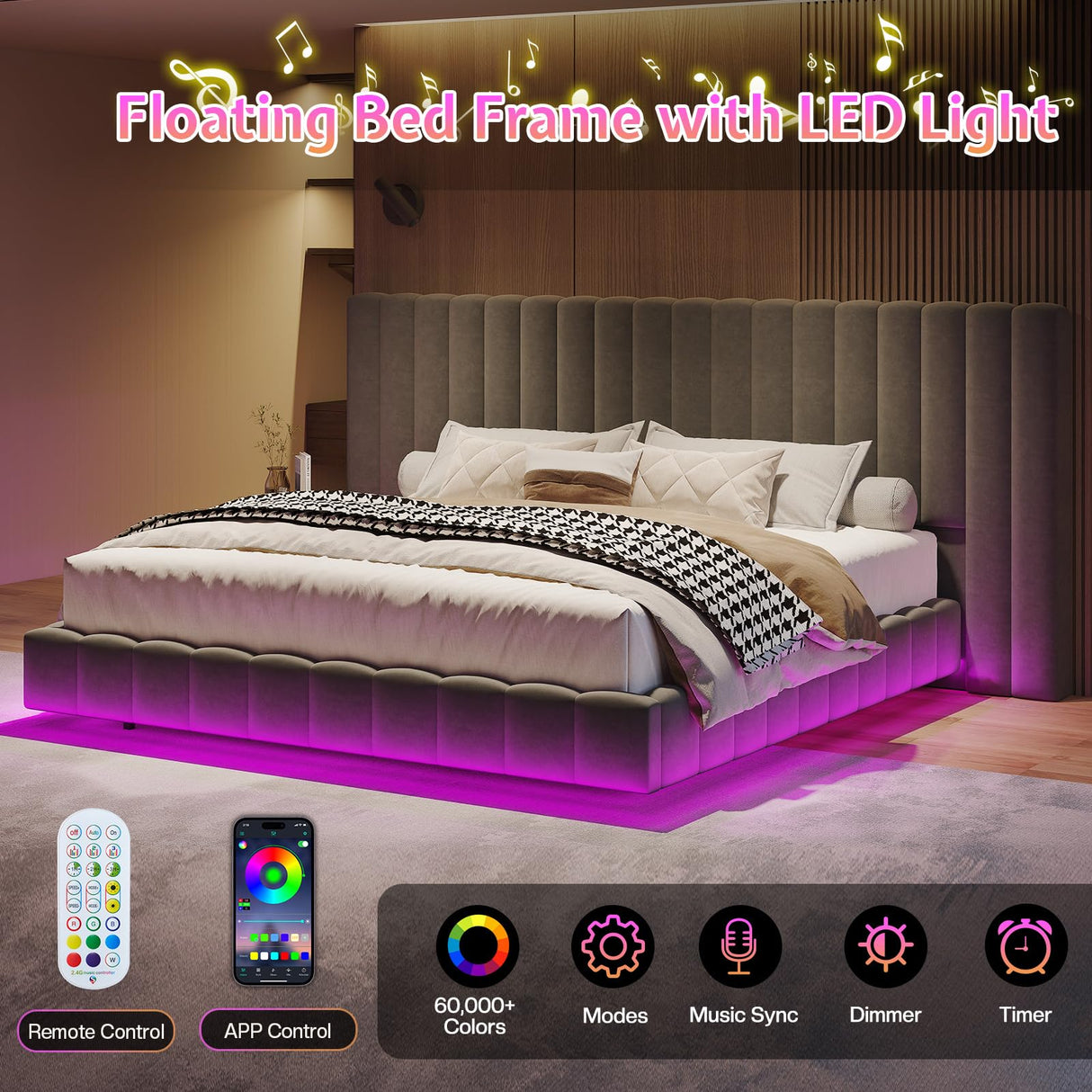 Jocisland King Bed Frame with LED Lights and Upholstered Oversized Headboard, Modern Velvet Platform with Floating Design, No Box Spring Needed, Grey Jocisland