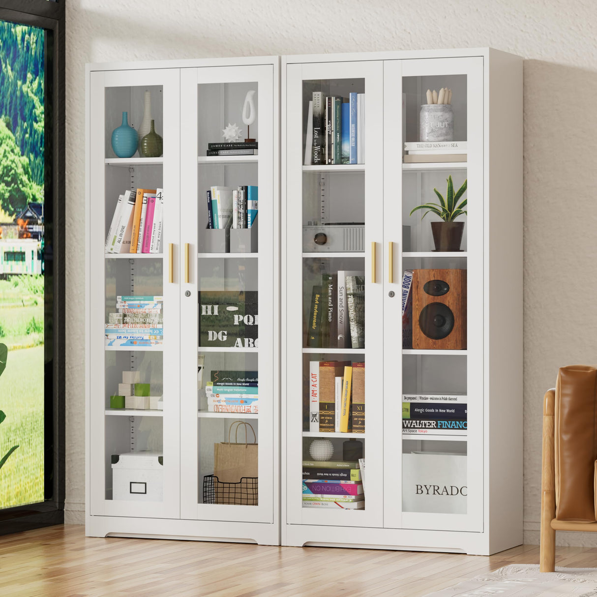 UNICOLY Storage Cabinet with Doors and Shelves, Display Cabinet with Glass Doors, Pantry Cabinet, Curio Cabinet with Locking Doors, Metal Storage Cabinet for Office,Kitchen,Living Room 71” H White UNICOLY