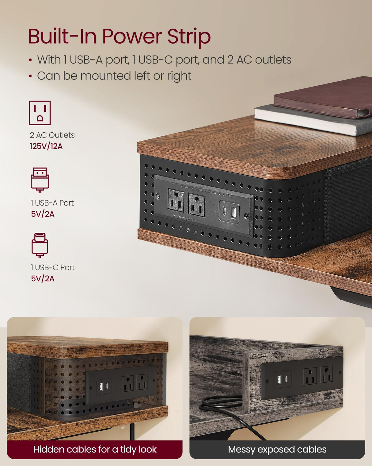 VASAGLE Electric Standing Desk with Drawers, Sit Stand Desk with Built-in Power Strip, Adjustable Height, 23.6 x 55.1 Inches, 2 Hooks, Memory Function, for Home Office, Rustic Brown ULSD184X21 VASAGLE