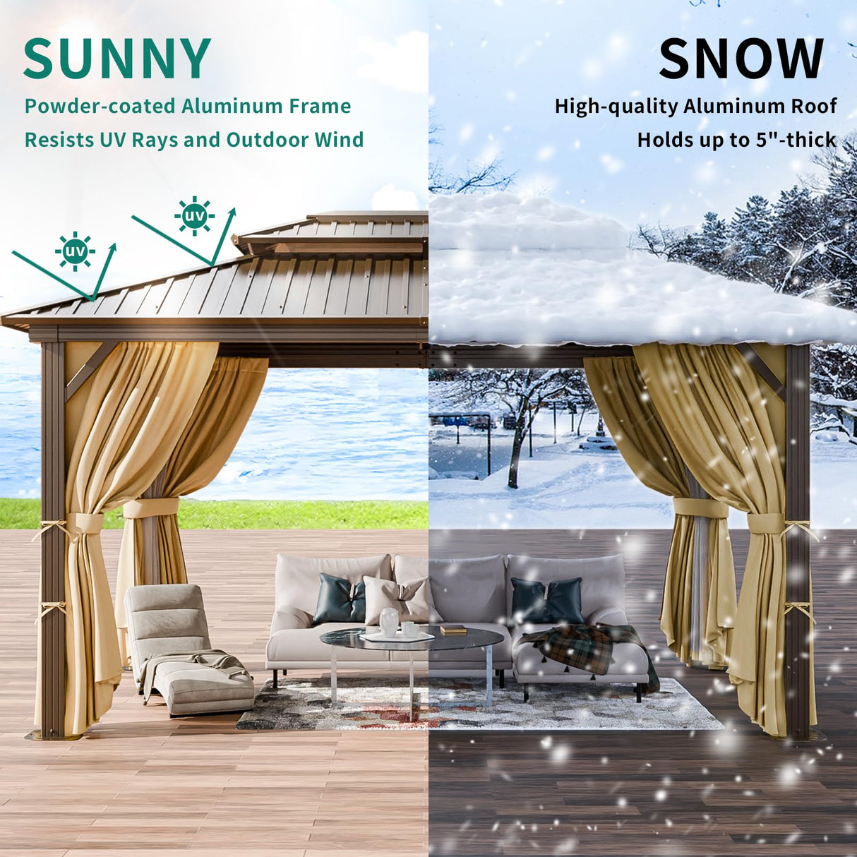 HOTEEL 10x12 Hardtop Gazebo with Heavy Duty Galvanized Steel Double Roof, Aluminum Frame, Flame-Resistant Curtains and Netting, Outdoor Gazebo Permanent Gazebo for Backyard, Brown (Upgraded 2.0) Hoteel