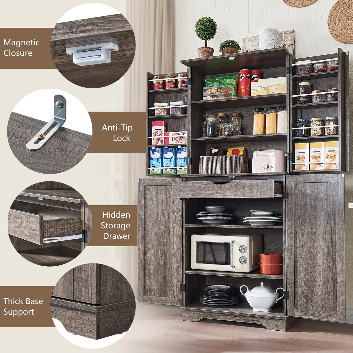 VanAcc 72" Tall Farmhouse Kitchen Pantry Cabinet with Door Organizer & Adjustable Shelves, Wooden Storage Cupboard with Drawer and Barn Doors for Kitchen, Dining Room, Living Room, Grey Oak VanAcc