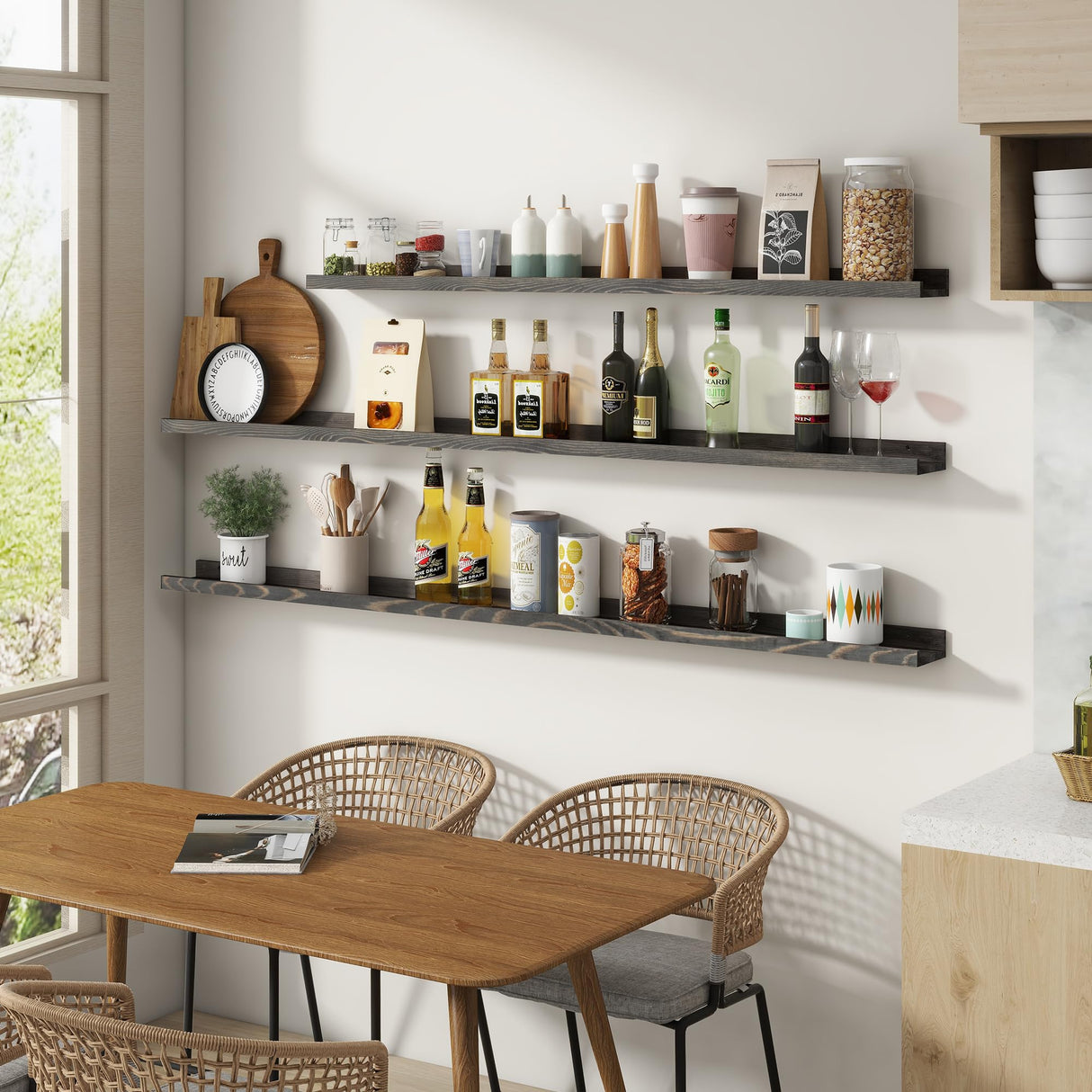 FLYJOE 72'' Floating Picture Ledge Shelf Set of 2 in Weathered Grey - Solid Pine Wood Nursery and Living Room Storage FLYJOE