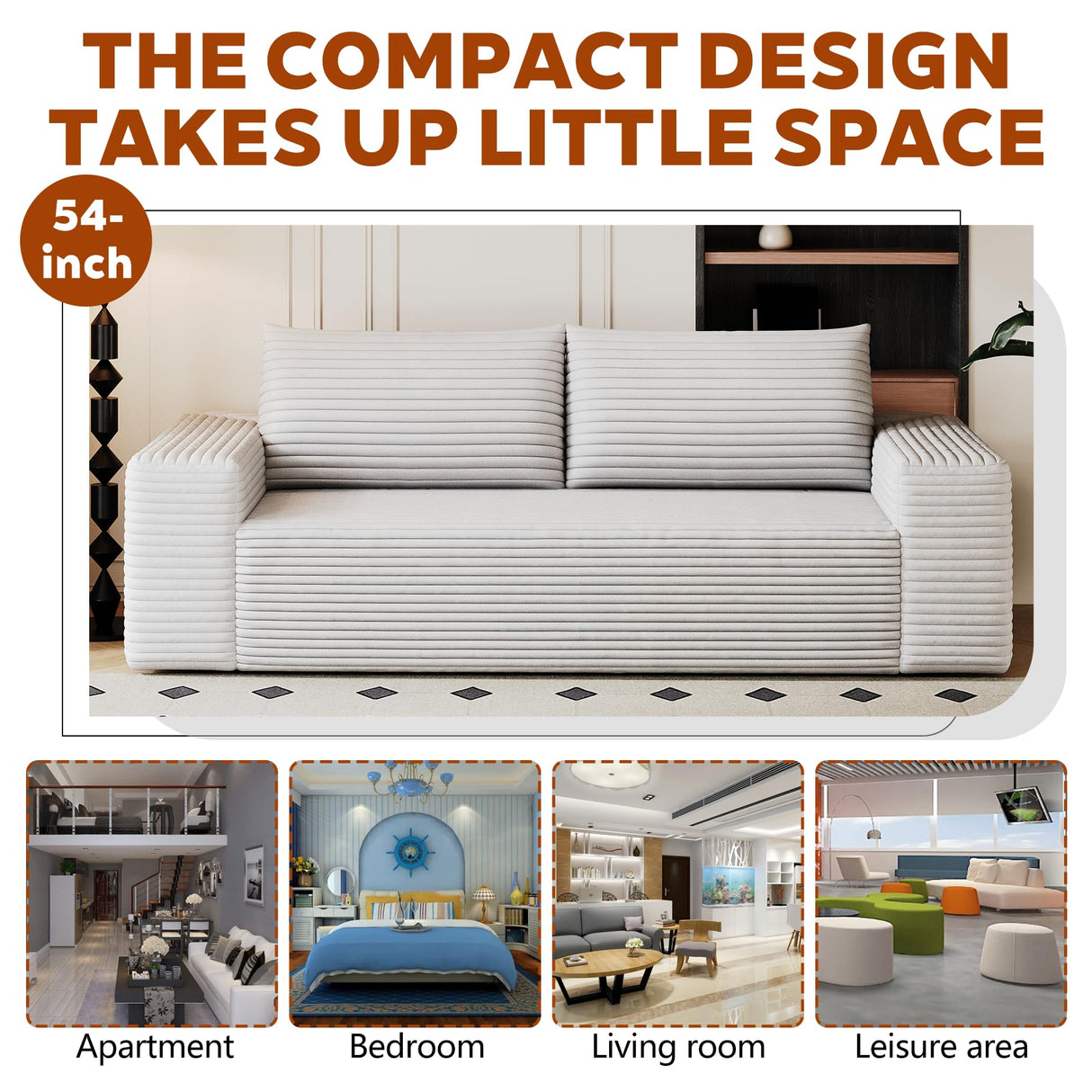 63" Cloud Loveseat Sofa - Boneless Deep Seat 2-Seater, No Assembly Foam Floor Couch, Plush Corduroy Fabric, Modern Living Room Sofa for Small Space Apartment, Bedroom, Office (White, 63") Klwenas Maec