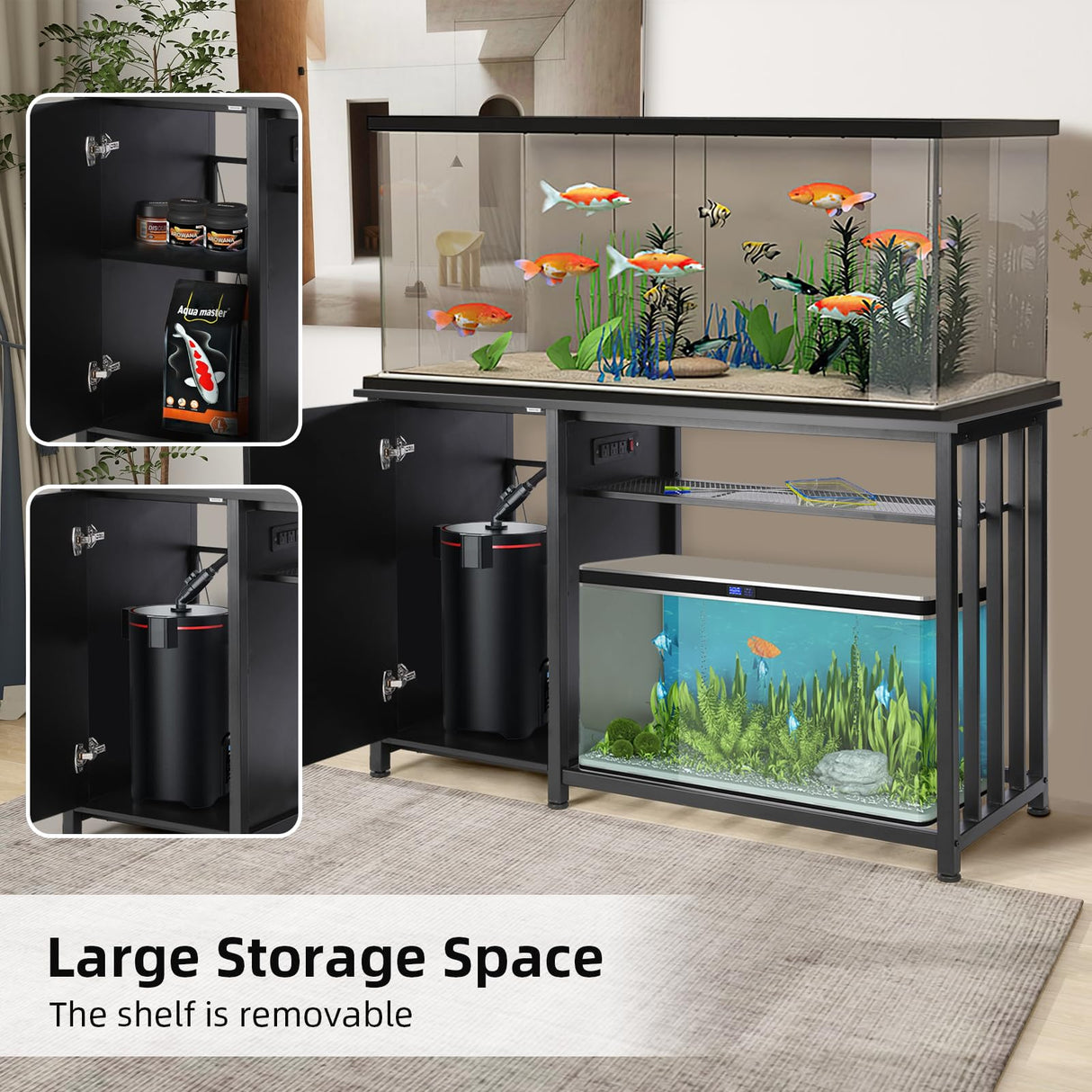 VOWNER 55-75 Gallon Fish Tank Stand, Aquarium Stand with Power Outlets, Cabinet for Fish Tank Accessories Storage, Heavy Duty Metal Frame, Suitable for Fish Tank, Turtle Tank, 1200LBS Capacity, Black VOWNER