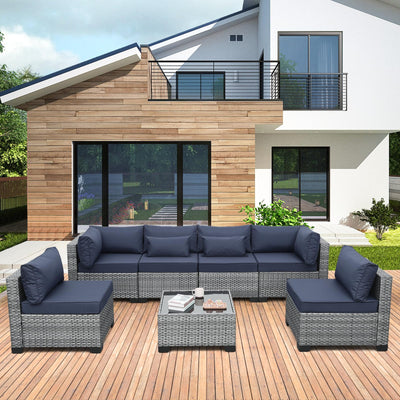 Valita 7 Piece Outdoor PE Wicker Furniture Set, Patio Gray Rattan Sectional Sofa Couch with Washable Dark Blue Cushions