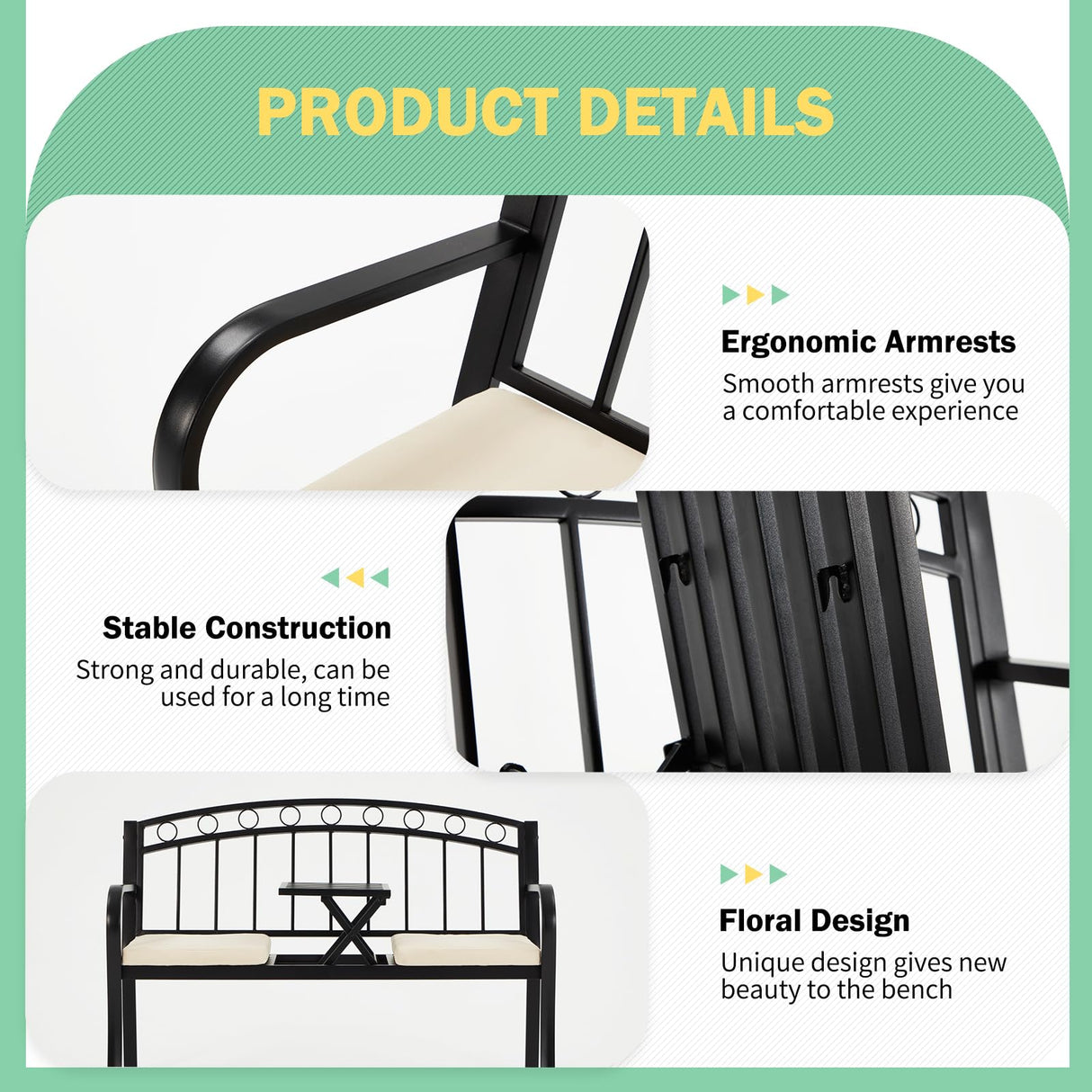 AVAWING Outdoor Metal Garden Bench, 2-Seat Patio Porch Bench with Steel Frame, Park Bench w/Pullout Middle Table& Cushion for Backyard Lawn Deck Entryway, Black AVAWING