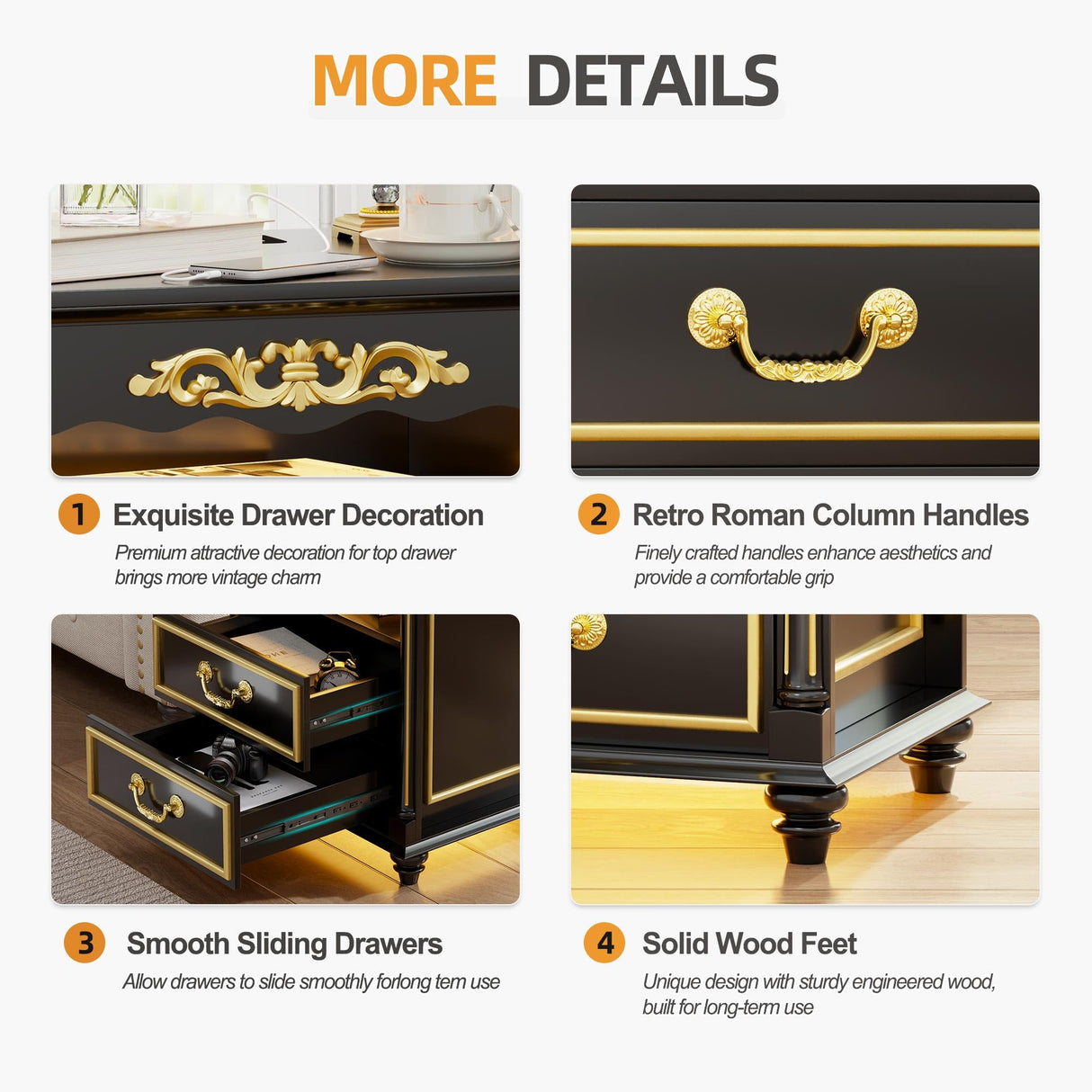 Gurexl Farmhouse Nightstand with Gun Drawer, 20" Vintage Bedside Table with LED Lights & Charging Station, Tall Rustic Wood Sofa Side End Table with 2 Drawers for Bedroom (Black) Gurexl