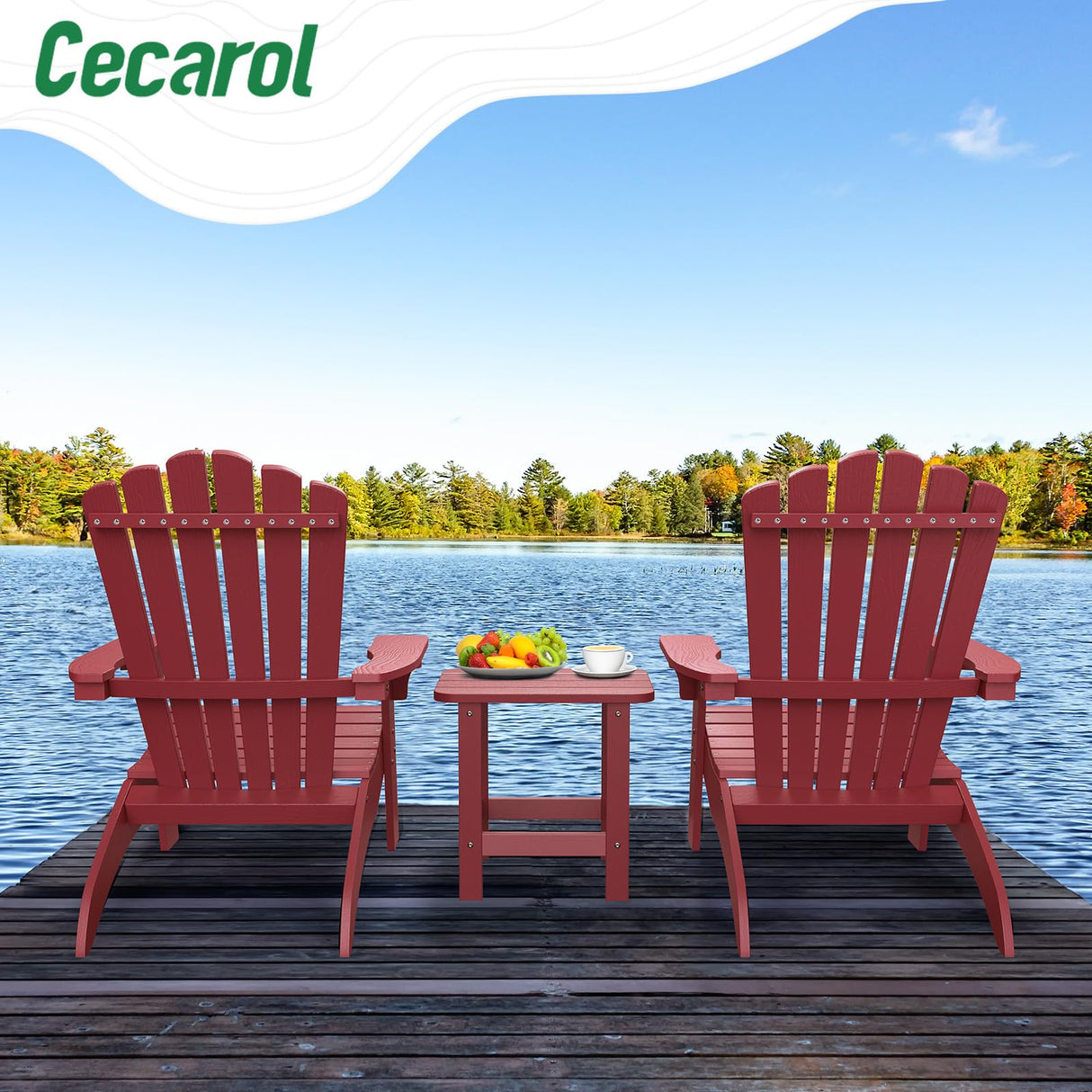 Cecarol Oversized Adirondack Chair Plastic, Outdoor Fire Pit Chair with Cup Holder, Adirondack Patio Chair Weather Resistant for Outside, Porch, Lawn, Garden- AC01, Red(Wood Grain) Cecarol