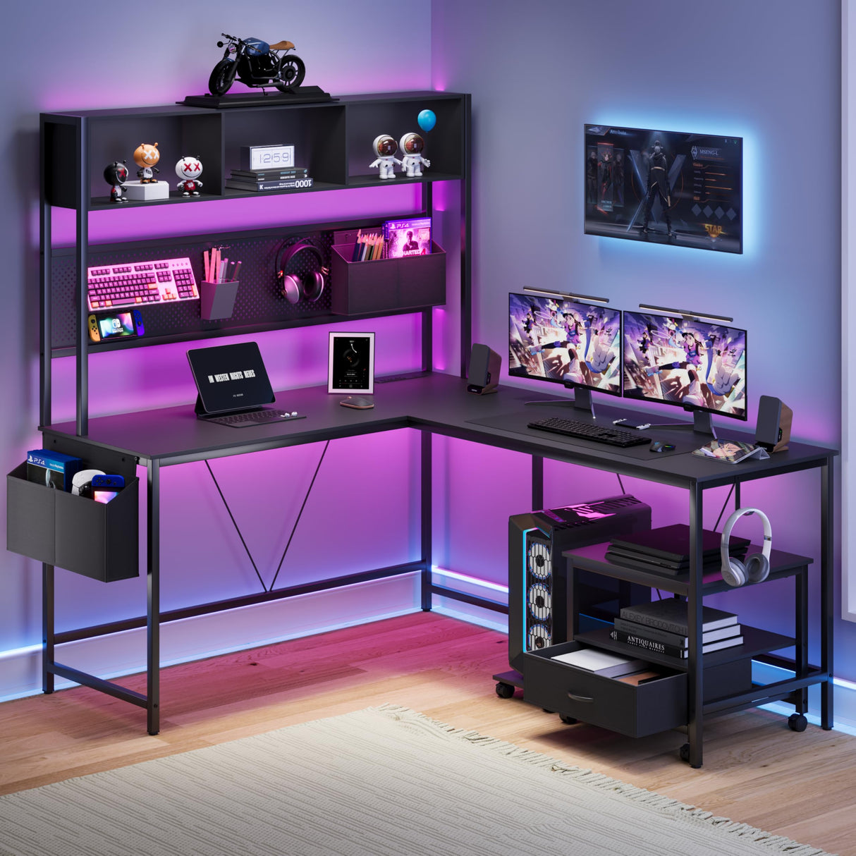 Dowinx L Shaped Desk with Pegboard and Removable Filing Cabinet, Reversible 67” Computer Gaming Desk with Power Outlet and Led, Office Corner Desk with Storage for Home Game, Black Dowinx