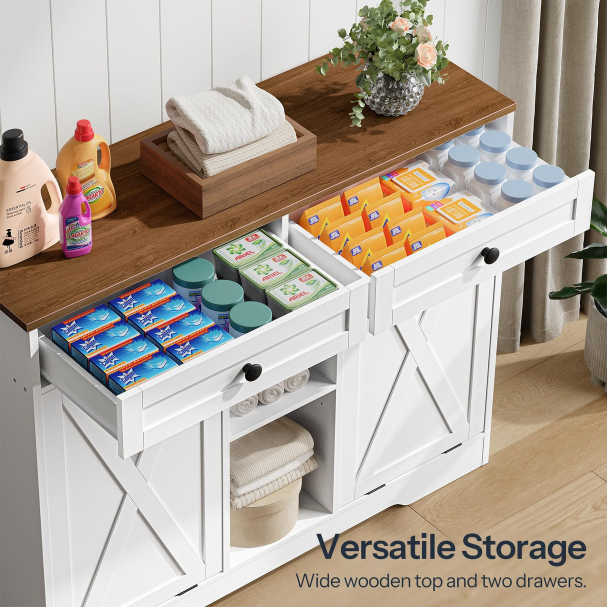 HOOBRO Double Tilt Out Laundry Hamper Cabinet, 41.7" Hidden Laundry Cabinet, with Open Shelving and 2 Removable Baskets, Farmhouse Laundry Storage Basket, for Bathroom, White and Walnut WH11XY01 HOOBRO