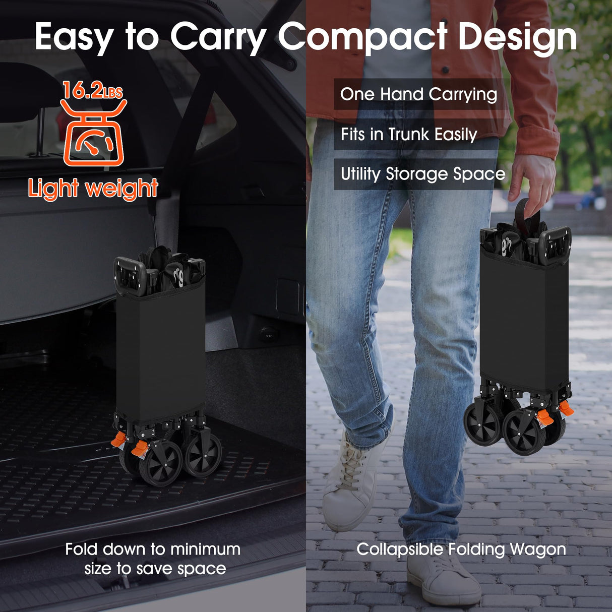 Homgava 140L Collapsible Folding Wagon Cart with 350LBS Resting Weight Capacity, Heavy Duty Garden Cart with All-Terrain&Brake Wheel, Utility Wagon with Side Pocket for Camping,Shopping,Sports,Black Homgava