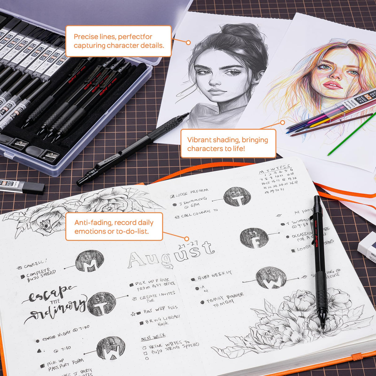 Nicpro 35PCS Black Metal Mechanical Pencils Set in Case, Art Drafting Pencil 0.5, 0.7, 0.9 mm & 3PCS 2mm Graphite Lead Holder for Drawing Sketching With 20 Tube Lead Refills(6B 4B 2B HB 2H 4H Colors) Nicpro