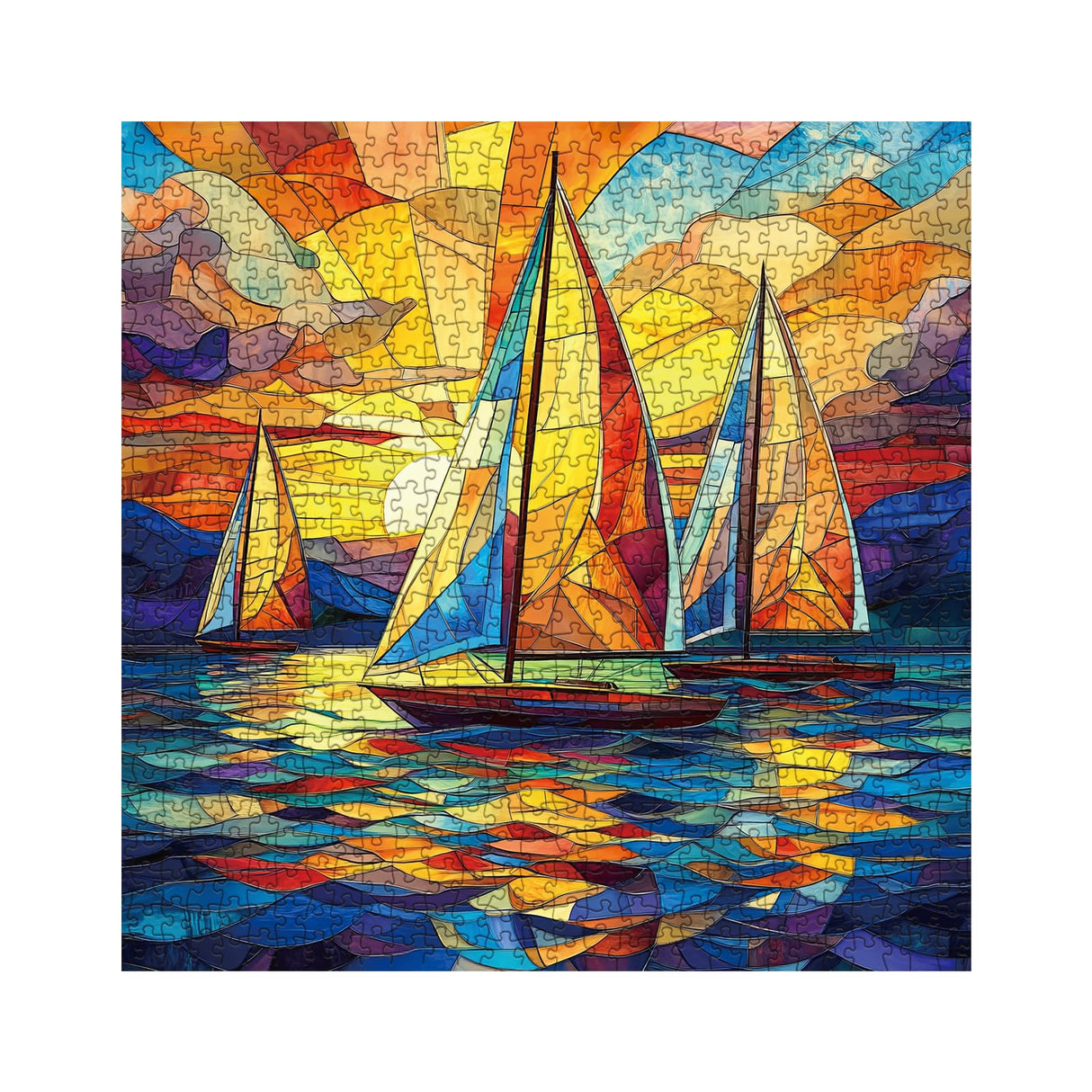 Stained Glass Sailboat Sunset Puzzle for Adults 1000 Pieces, Colorful Landscape Jigsaw Puzzle, Ocean Sea Ship Challenging Puzzle BBOLDIN