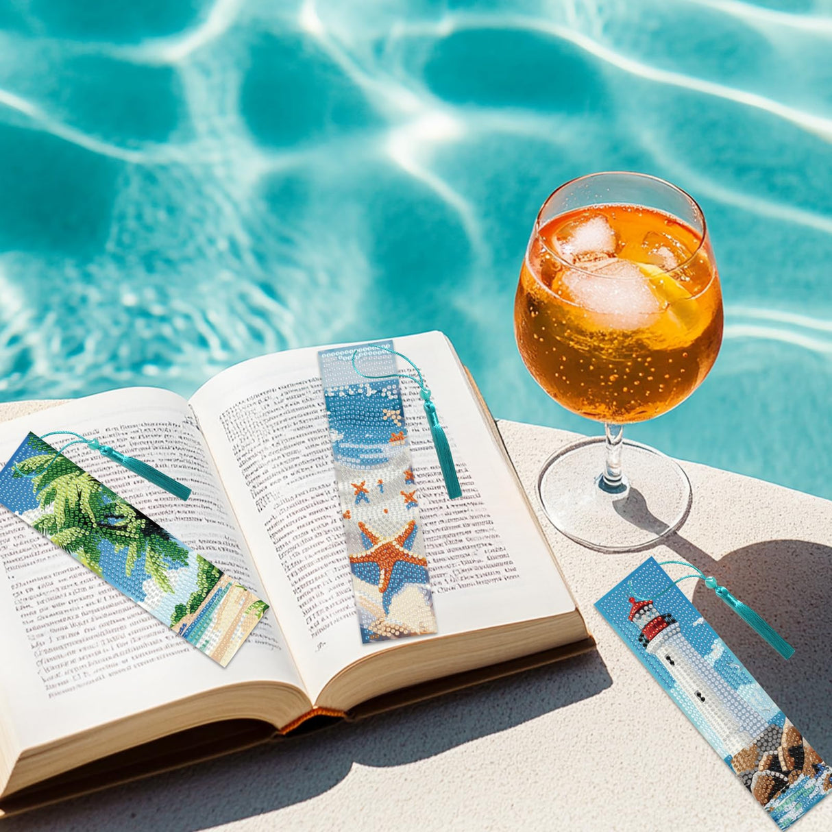 beinkmake 6Pcs Summer Ocean 5D Diamond Art Bookmarks Sea Diamond DIY Painting Bookmarks Lighthouse Sailboat Beach Starfish Rhinestones Beaded Acrylic Tassel Bookmark for Adult Beginner Crafts beinkmake