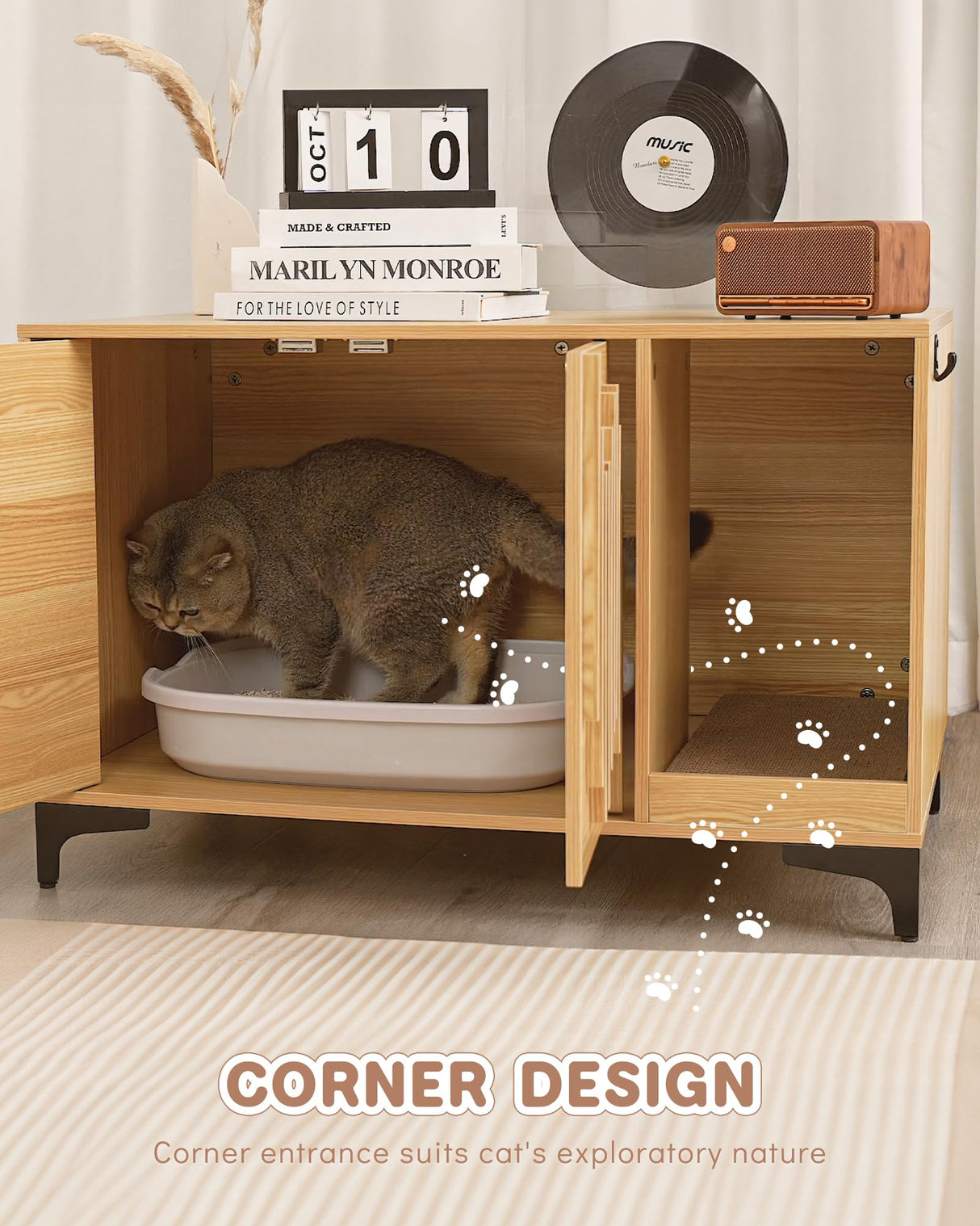 JubiNatural Cat Litter Box Enclosure,Stylish Hidden Litter Box Furniture, Modern Cat Litter Furniture Cabinet, Side End Table, Cat House with Scratch Pad, for Living Room, Bedroom, Entry Foyer JubiNatural