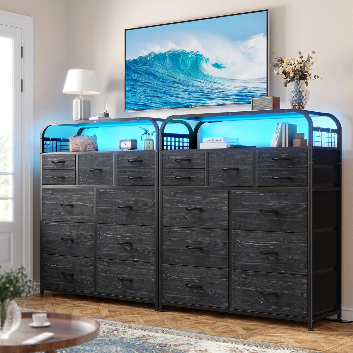 EnHomee Black Dresser with LED Lights & Charging Station,11 Drawers Dresser with 2 Tier Shelves & 4 Hooks, Fabric Dresser for Bedroom, Closet, Living Room, Entryway,Sturdy Frame,Wooden Top EnHomee