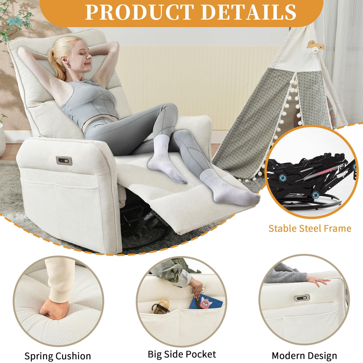 QKFF Power Swivel Rocker Recliner Chair for Nursery, Upholstered Snowflake Velvet 270°Swivel Glider Rocker Chair with USB Ports, Small Power Recliners for Small Spaces Living Room QKFF