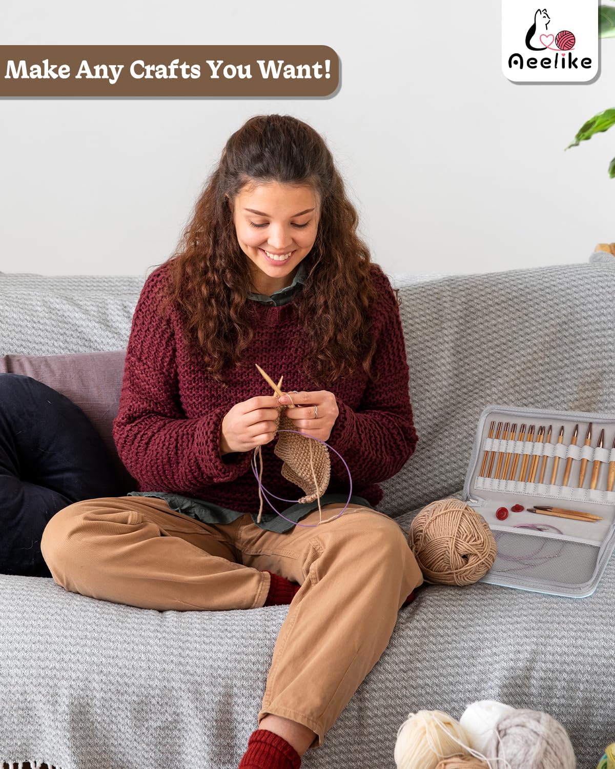 Aeelike Interchangeable Knitting Needles Set, 13 Pairs Circular Knitting Needles Set Bamboo Knitting Needles with Case Knitting Accessories for Socks Blankets Cushions Aeelike