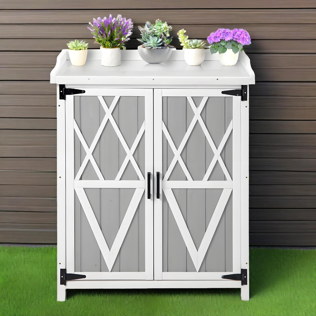 Outdoor Cabinet with Metal Tabletop Garden Potting Bench Table - Outdoor Garden Patio Wooden Storage Cabinet with Adjustable Shelf, Wooden Storage Cabinets, Weatherproof for Garden Patio Lawn EcoSummer