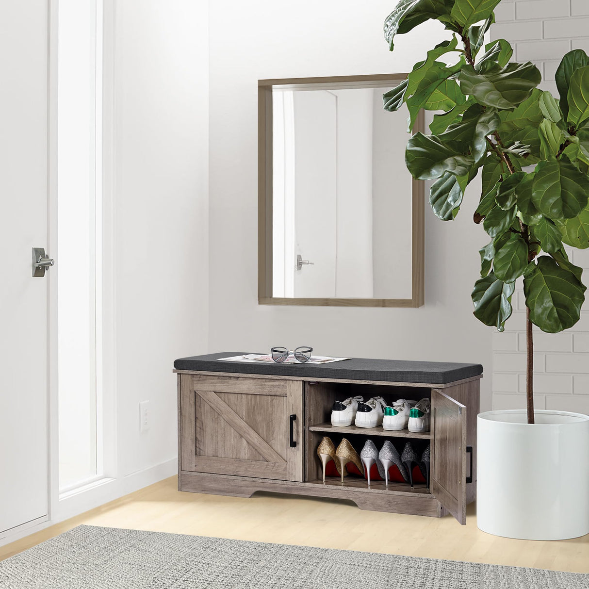 HOMSHO 2-Tier Storage Bench, Shoe Bench with Padded Seat Cushion, Entryway Bench with 2 Barn Doors, Adjustable Shelf, 13.8" D x 39.4" W x 17.7" H, for Entryway, Living Room, Bedroom, Greige HOMSHO