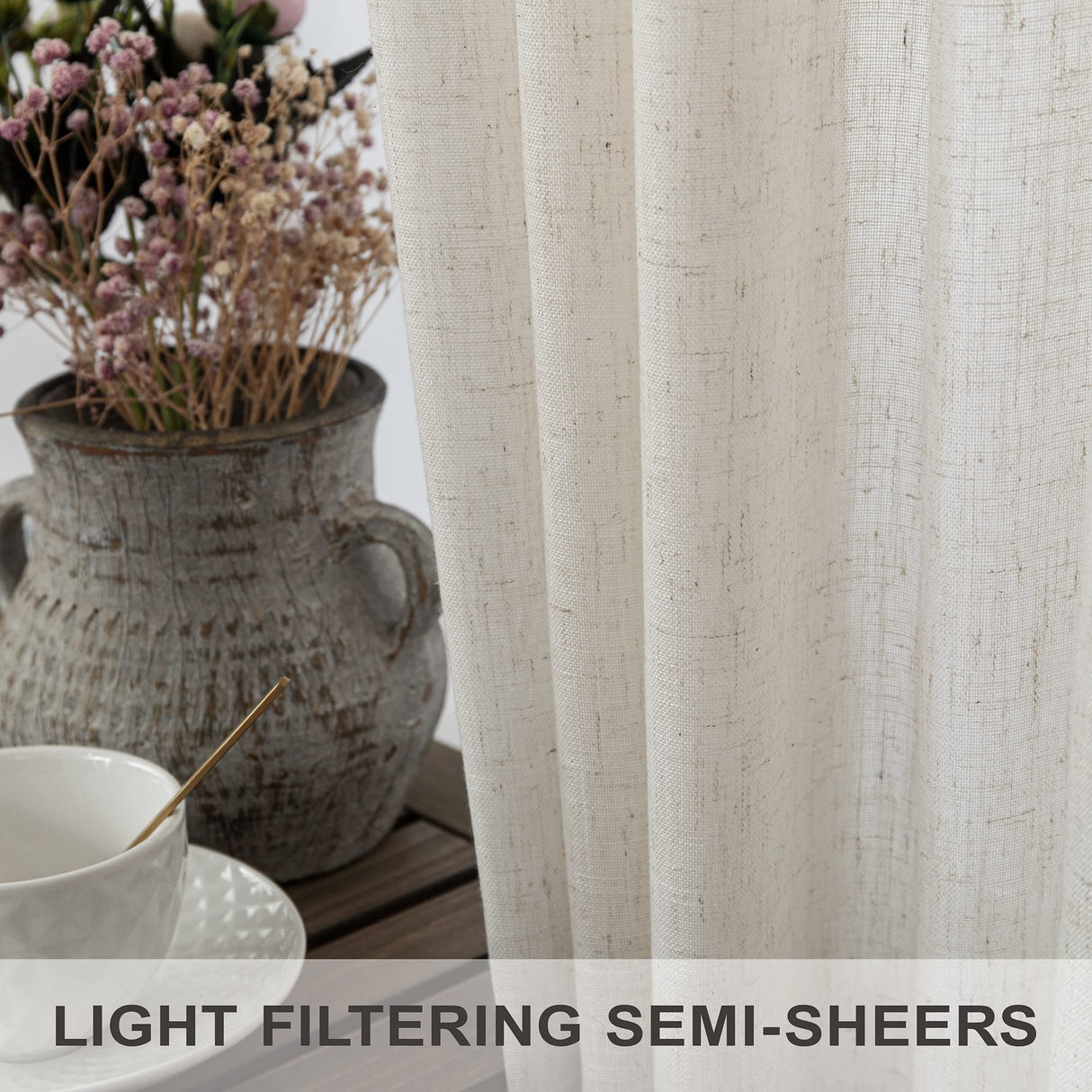 Natural Linen Curtains 108 Inches Long for Living Room 2 Panels Set Loop Pocket Back Tab Draperies Neutral Earth Tone Soft Cotton Textured Semi Sheer Linen Curtains for Large Window Vertical 9 FT Tall Pitalk