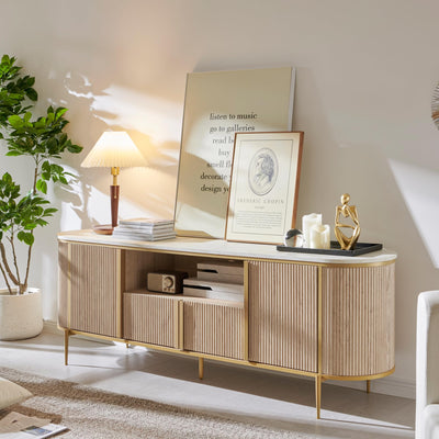 OKD Luxury 70" Fluted TV Stand, Modern Entertainment Center for TVs Up to 80 inches, TV Console with Faux Marble Top, Curved Profile Design, Media Console for Living Room, Natural Oak