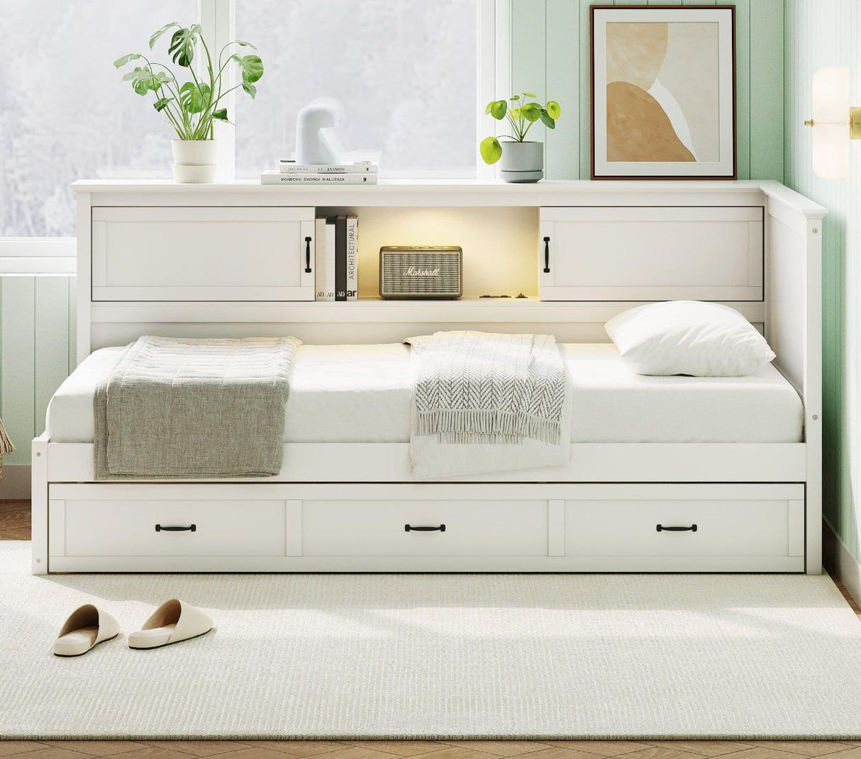 Merax Full Size Corner Bed Frames with Storage Drawers, USB Port, Led Downlight Headboard & Bookcase, Wooden L-Shaped Captain Daybed for Small Room, Bedroom, Guest Room, kids'Room, White Merax