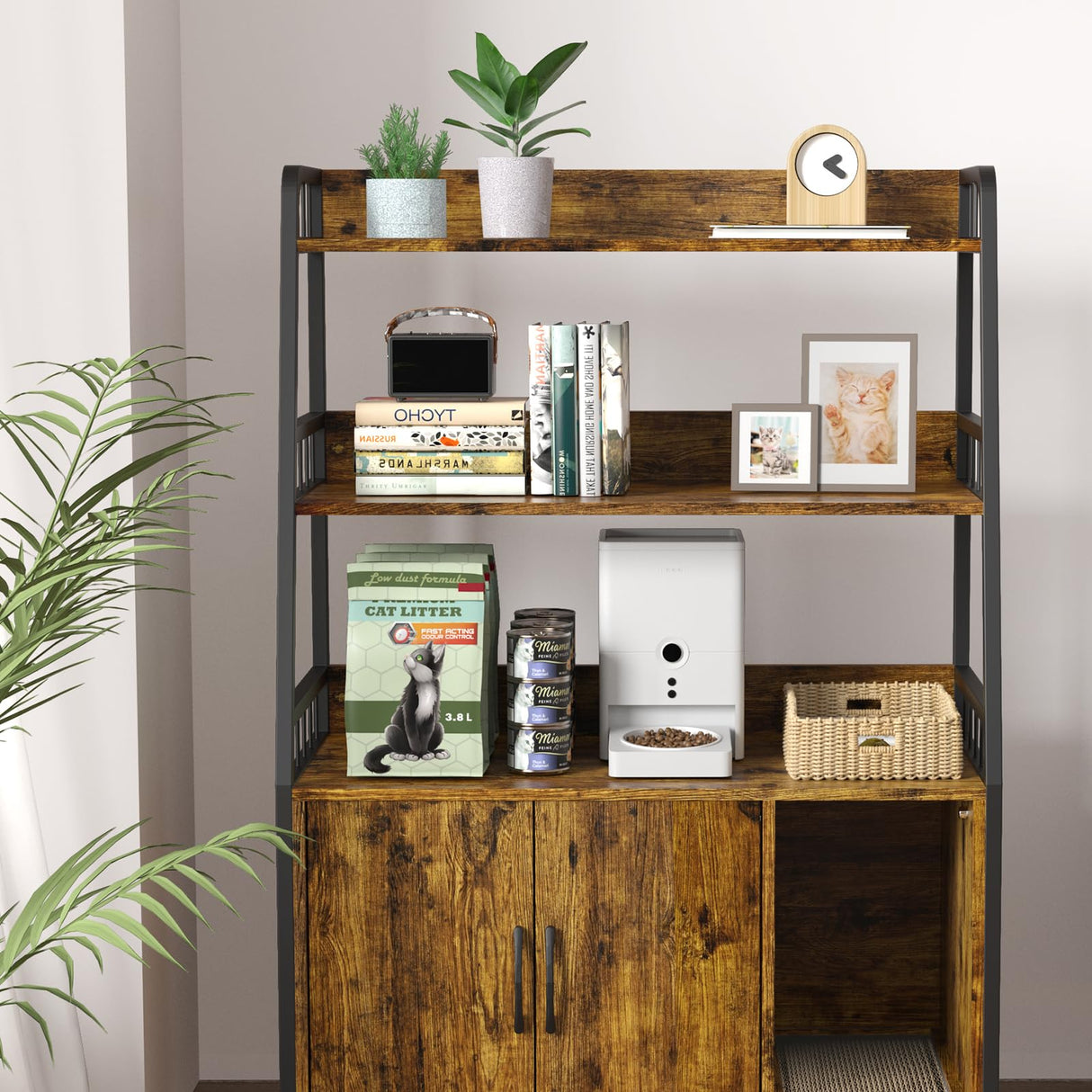 Easycom Cat Litter Box Enclosure Furniture - Large Hidden Litter Box Furniture with Shelf Storage, Wooden Cat House with Cat Scratching Pad, Large Double Door Design, Fit Most of Litter Box EasyCom