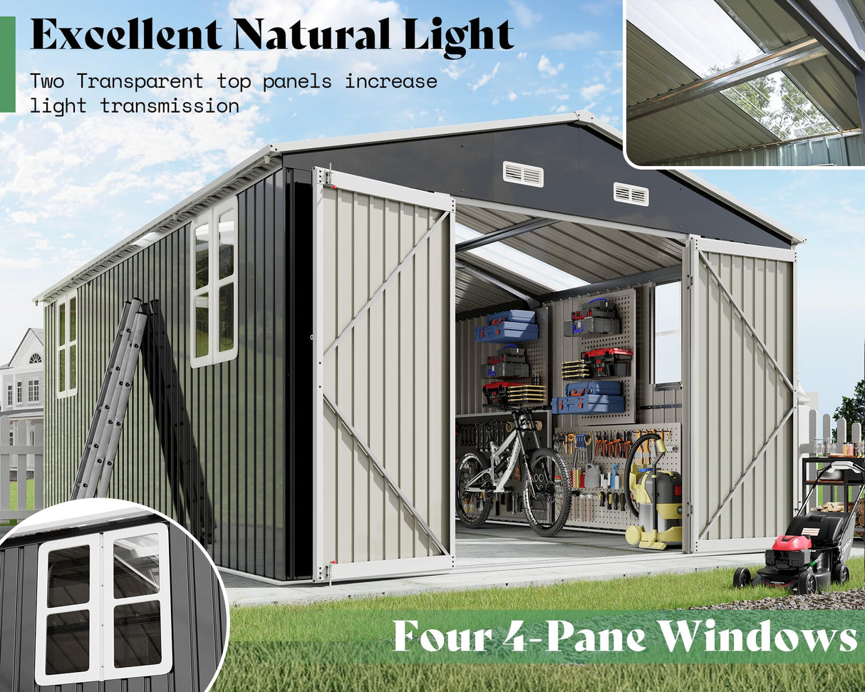 AMERLIFE 10x16x7.2 FT Metal Storage Shed with 2 Transparent Panels, Outdoor Tool Shed with Hinged Double Doors, Windows & Vents, Reinforced Steel Frame for Backyard Garden, DIY Workshop, Dark Gray AMERLIFE