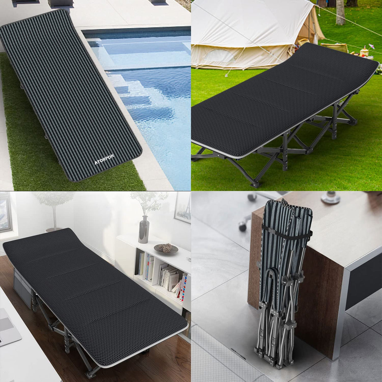 ATORPOK Camping Cot for Adults with Cushion Comfortable, Tent Folding Cot for Sleeping, Lightweight Folding Bed with Carry Bag Supports 450 lbs ATORPOK