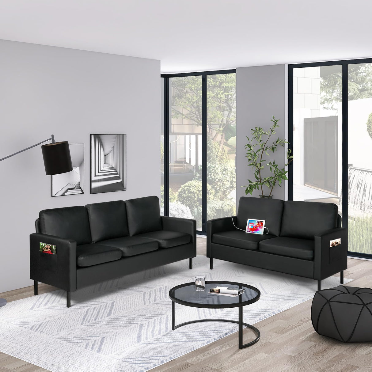 STHOUYN 72" W Faux Leather Black Sofa 3 Seat Couch, Modern Comfy Couch with 2 USB, Small Couches for Living Room Apartment Bedroom Small Spaces, Office Couch (Black (Sofa)) STHOUYN