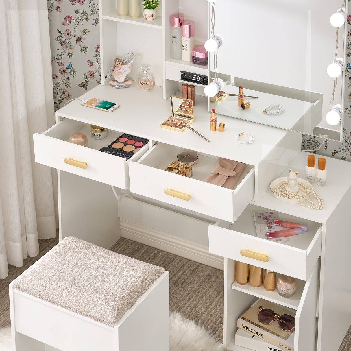 ANWBROAD Makeup Vanity Desk Vanity Set with 10 LED Bulb Lighted Sliding Mirror Makeup Vanity Table with Charging Station Nightstand 3 Colors Modes Dimming Cushioned Stool Dressing Table White UBDT54W ANWBROAD