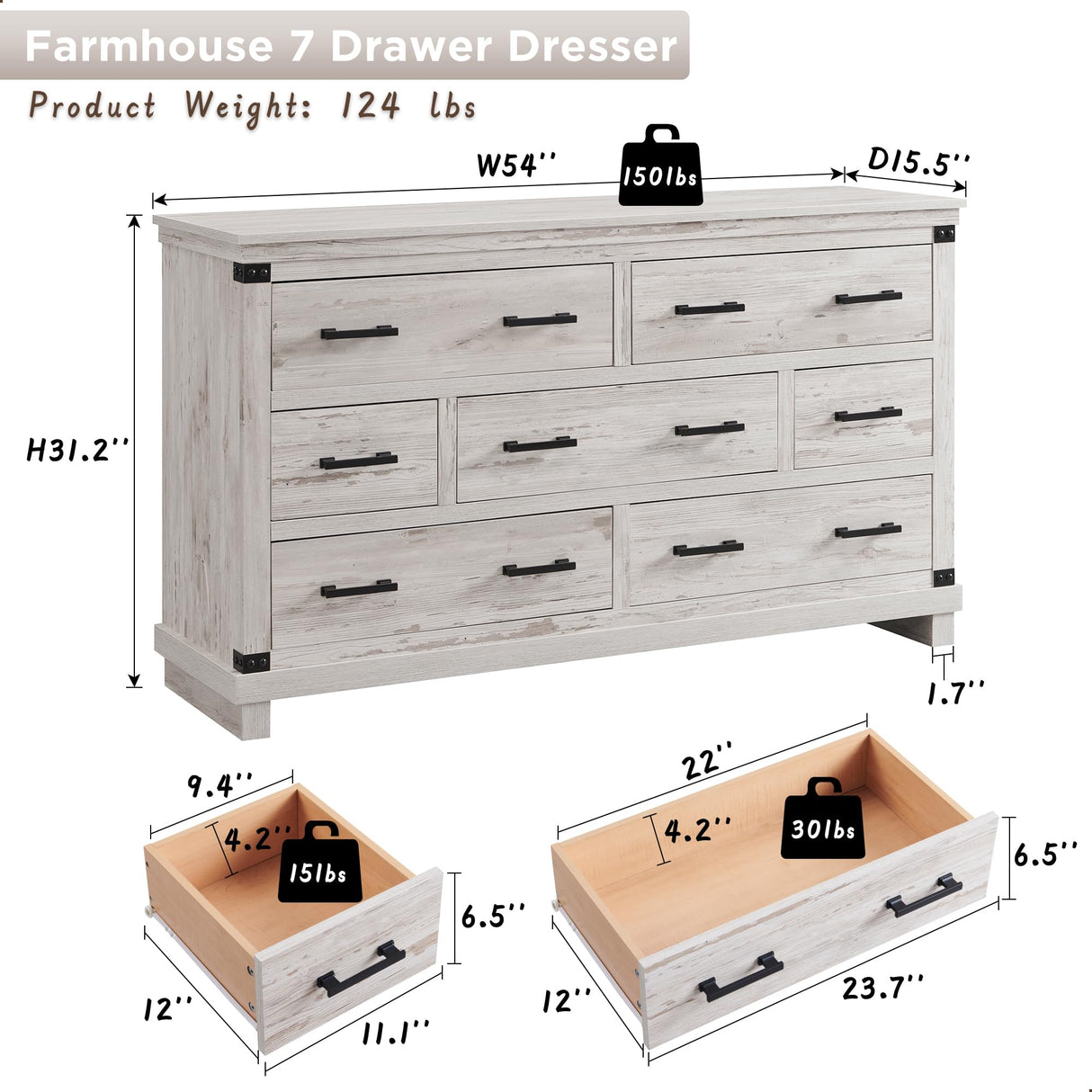 Farmhouse 7 Drawer Dresser for Bedroom - Wood Large Dressers & Chests of Drawers for Closet, 54 Inch Wide Dresser TV Stand with Storage for Bedroom, Living Room, Antique Brush White RedLemon