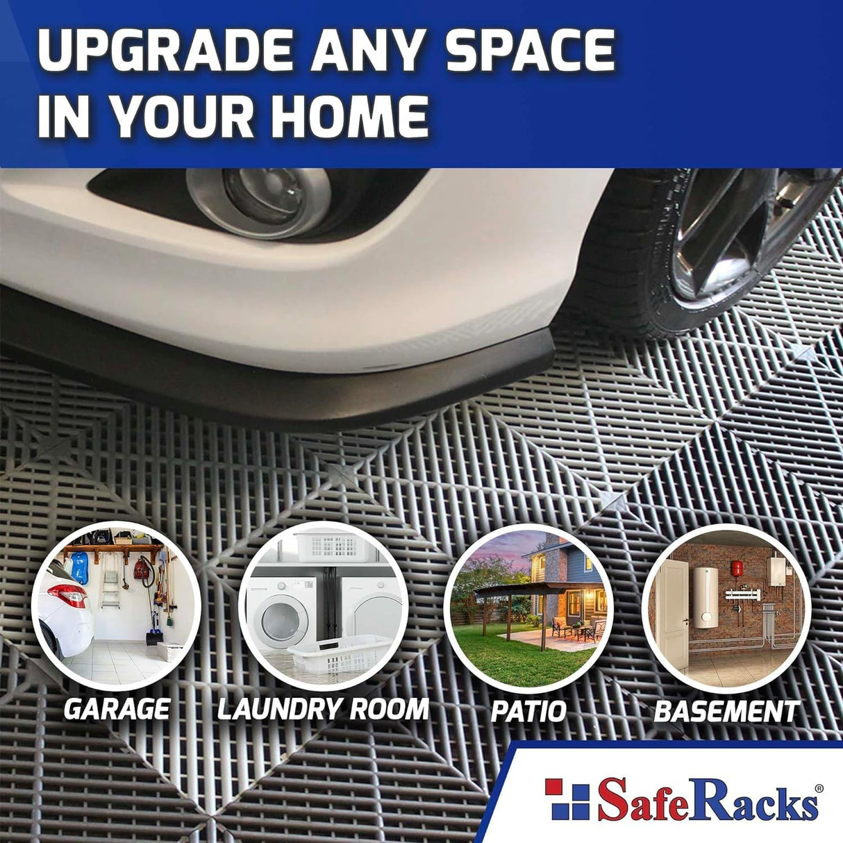 SafeRacks Ribbed Interlocking Garage Floor Tiles - Vented, Self-Draining, Non-Slip Flooring, Modular, Virgin Polypropylene, Ideal for Garages, Patios, Basements, Decks - Black - 82.56 sq ft - 48 Pack SafeRacks