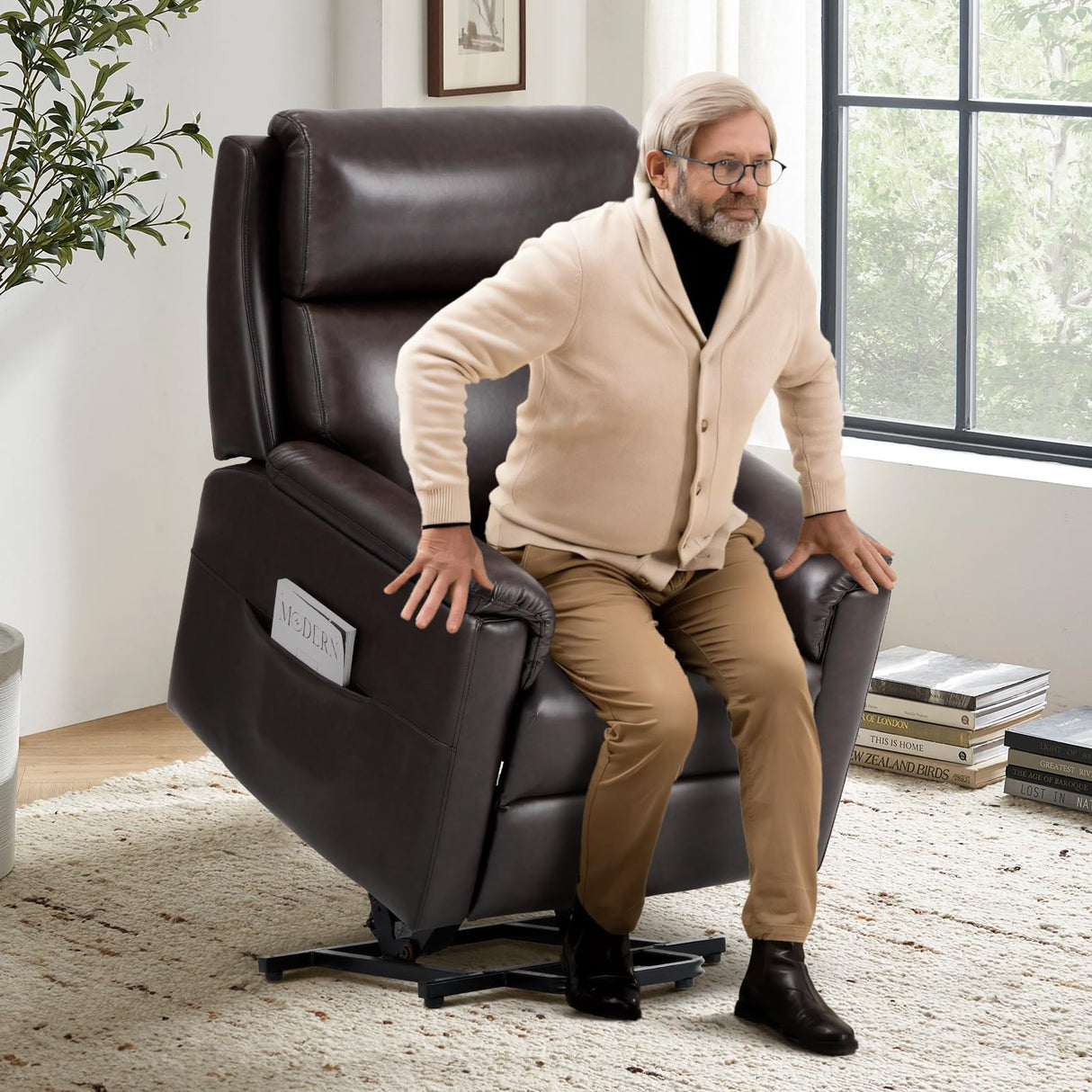 Power Lift Recliner Chair for Elderly-Electric Leather Lift Chair Remote Control, Ergonomic Recliner Chair with Side Pocket, Spacious Seat-Chocolate COLAMY