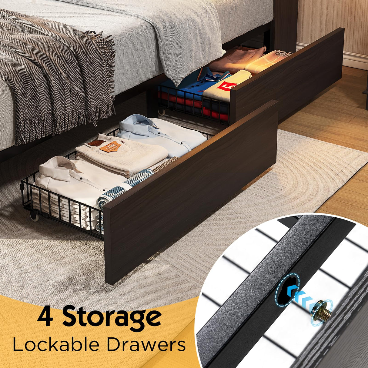 LUXOAK Full Farmhouse Bed Frame with Bookcase Headboard and 4 Drawers, LED Storage Bed with Charging Station & Linen Upholstered, No Box Spring Needed, Black LUXOAK