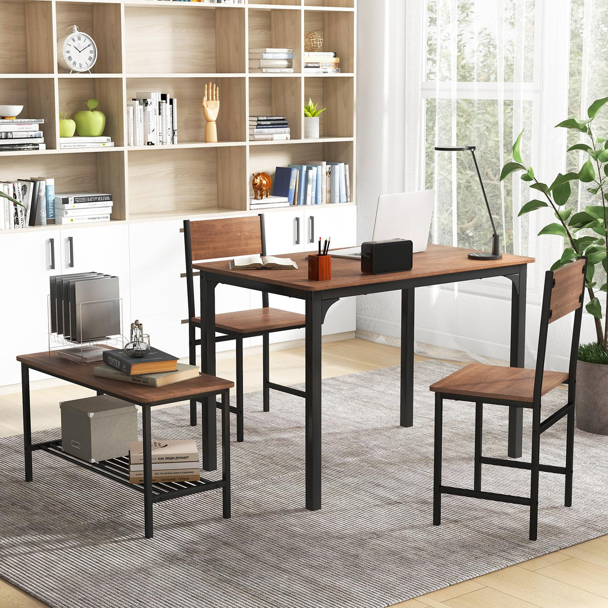 Giantex Dining Table Set for 4, 43" Kitchen Table and Chairs, Dining Bench with Metal Frame & Storage Rack, 4-Piece Modern Functional Desk Set for Dinette, Small Space, Apartment, Restaurant, Brown Giantex