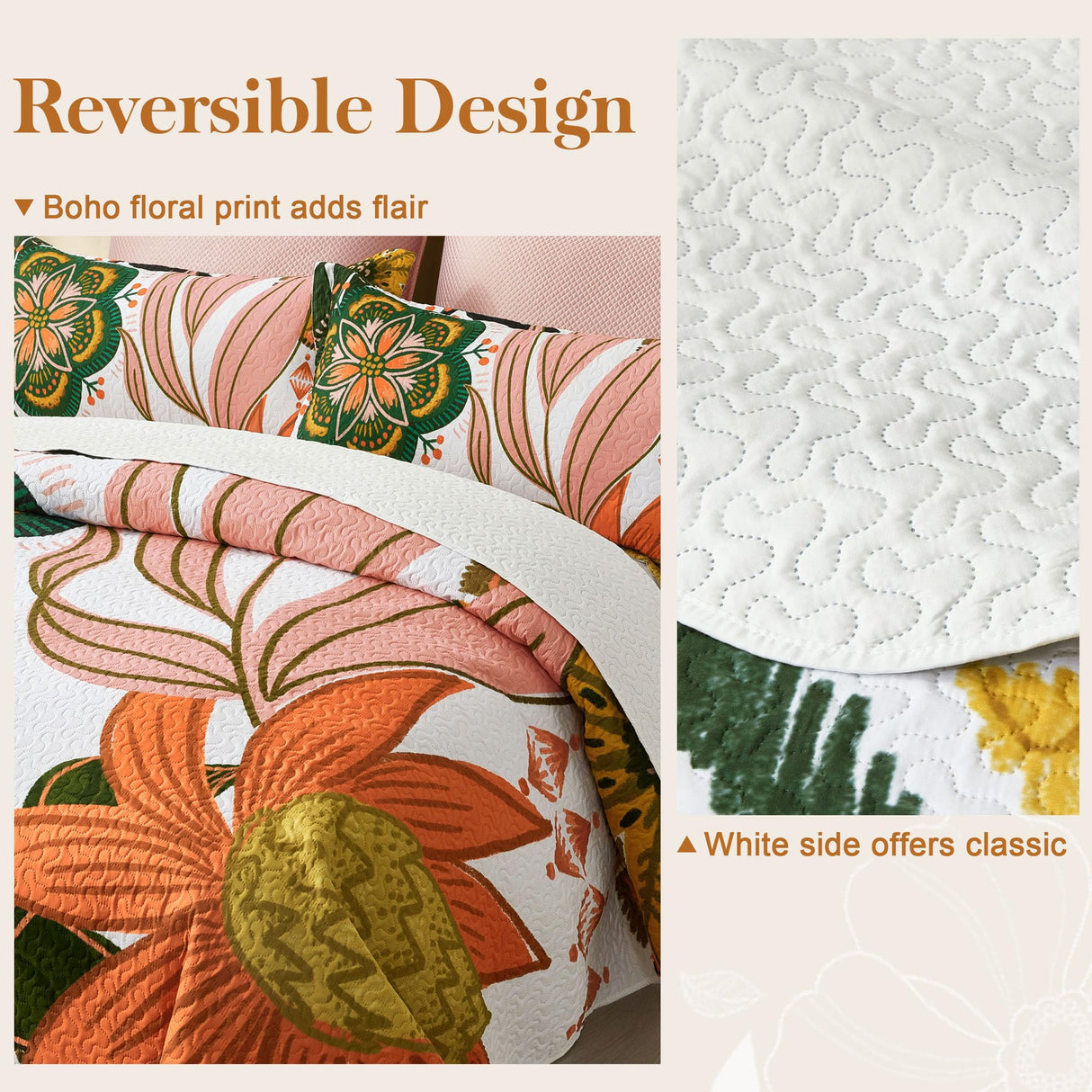 Tyrot 3 Piece Boho Floral Full/Queen Quilt Sets Farmhouse Botanical Reversible Lightweight Bedspread Coverlet with 2 Shams Mid Century Leaves Microfiber Bedding Quilts Set for All Season, 90''x96'' Tyrot